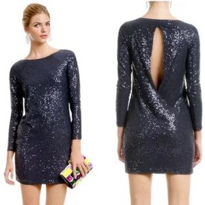 Tibi Zeppelin Sequin Shift Dress in Navy with 3/4 Sleeves and open back